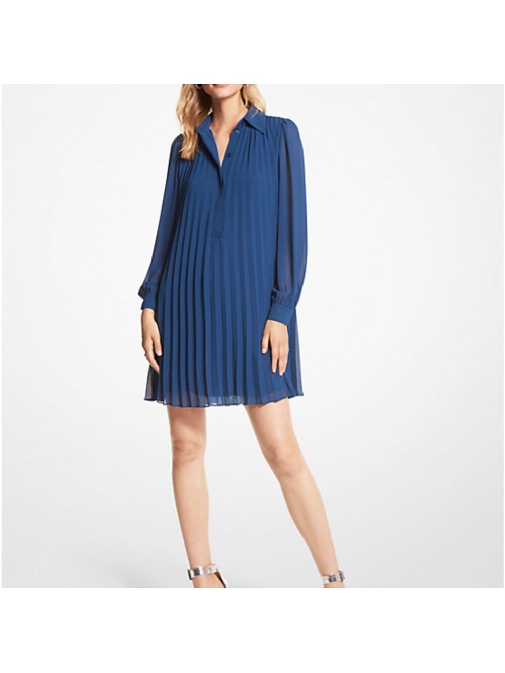 Michael Kors Georgette Pleated Long-Sleeve Swing Dress